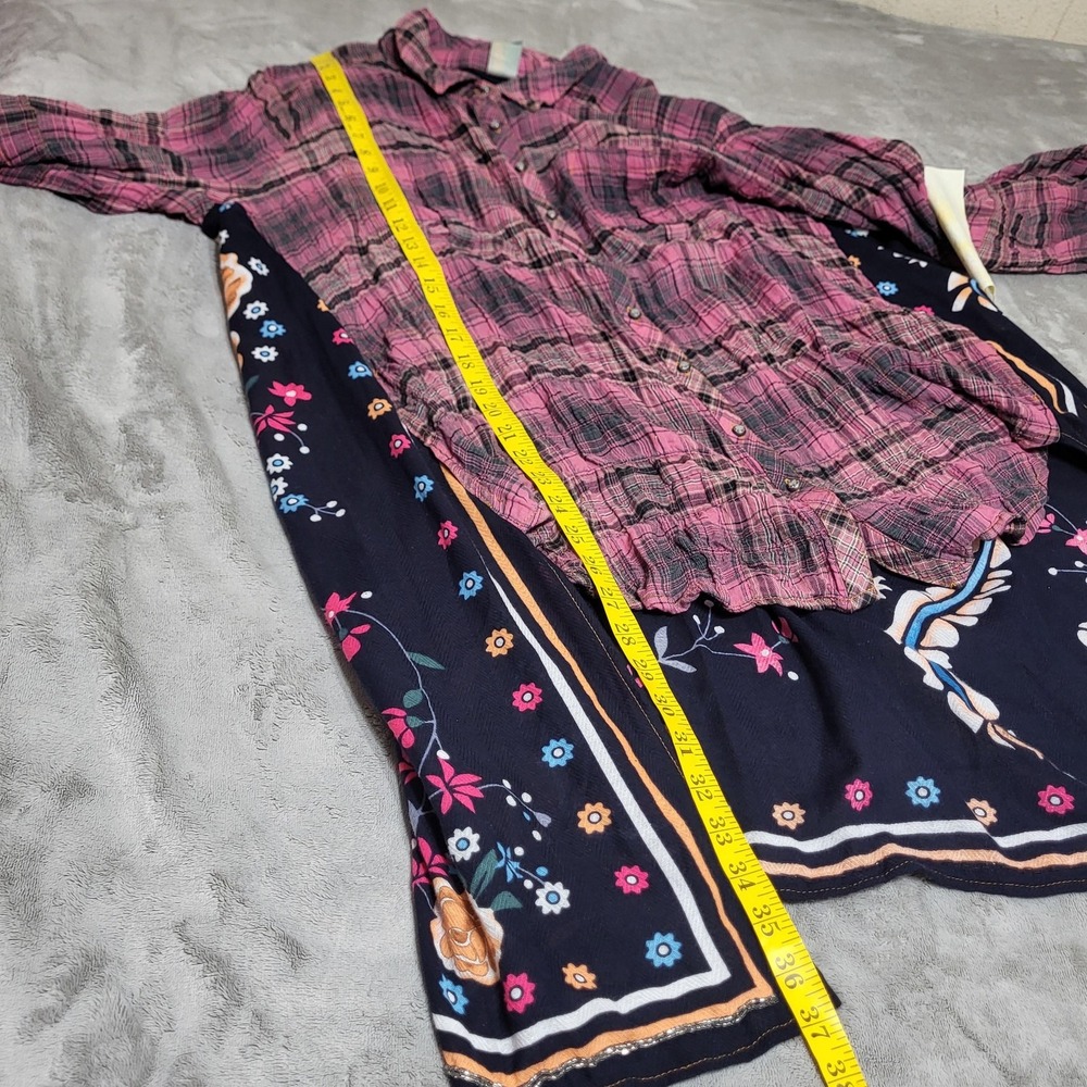 Aratta Shirt Womens Large Pink Plaid Bird Floral Boho Tunic Bell Sleeve Top - Picture 13 of 14